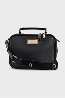 Black leather crossbody bag with metal logo