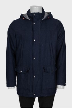 Men's blue wool jacket with a hood