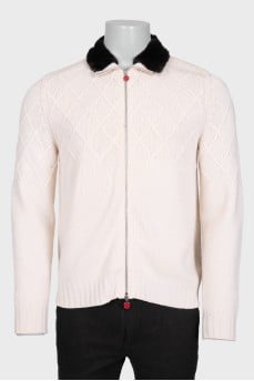 Men's cashmere cardigan with a fur collar