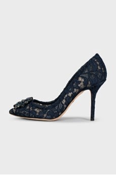 Dark blue lace shoes decorated with crystals
