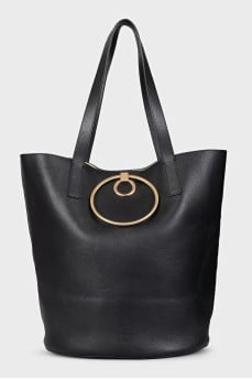 Black leather bucket bag with gold trim