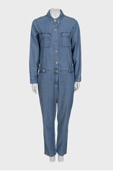 Blue denim straight-leg overalls