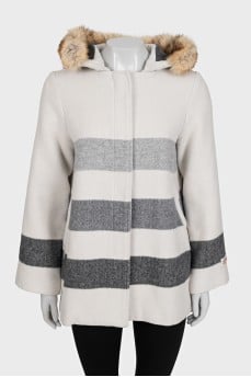 White striped coat with a hood