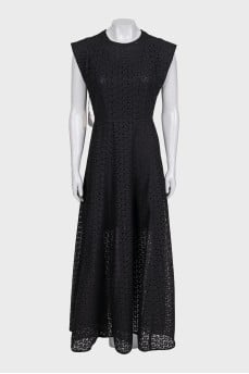 Black maxi dress with perforated detailing and tag