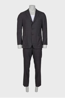 Men's dark gray suit with a checkered print