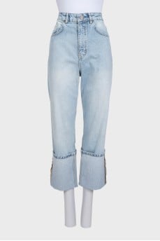Light blue straight-leg jeans with cuffs