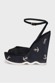 Black suede embroidered wedge sandals