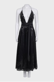 Black maxi dress decorated with sequins and belt