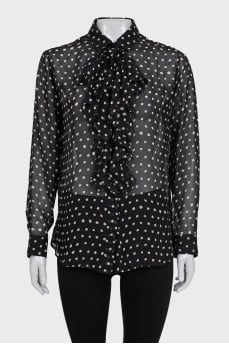 Black translucent silk blouse with white polka dots
