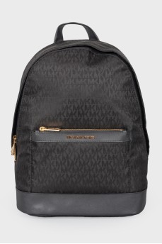 Textile backpack in the print of the brand's logo, with a tag