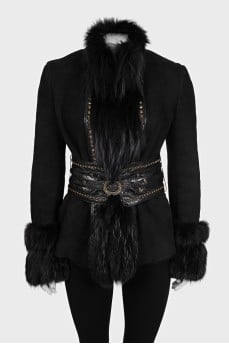 Black sheepskin coat decorated with fur