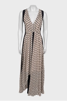 Sleeveless silk dress with printed inserts