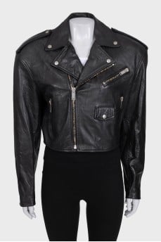 Cropped black leather jacket with tag