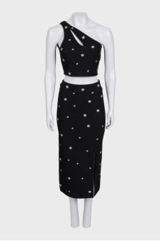 Black skirt suit with one-shoulder top