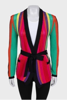 Knitted multicolored cardigan with a belt