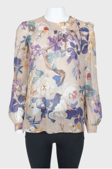 Beige silk floral pattern blouse