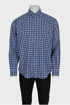 Men's blue straight-cut checkered shirt