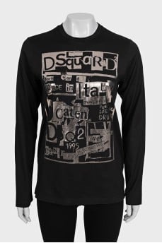 Black long sleeve t-shirt with silver print and tag