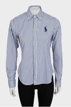 White shirt with blue stripes and logo
