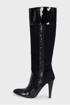 Black suede patent toe heeled boots