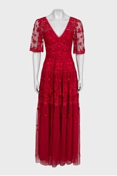 Long red dress with floral lace