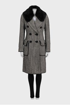 Gray double-breasted coat with a fur collar