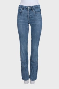 Light blue straight leg jeans with gold jacron