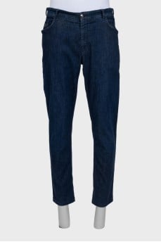 Men's dark blue straight leg jeans with leather jacron