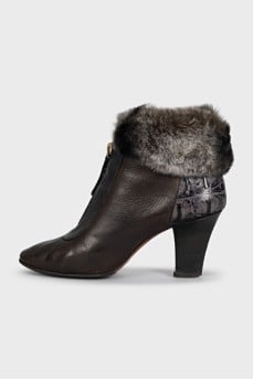 Leather ankle boots with fur trim and heels