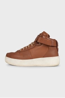 Brown leather high-top sneakers