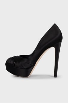 Black satin open toe heels