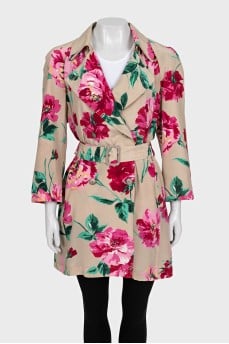 Silk long jacket with floral print