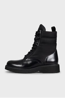 Black leather and textile lace-up boots