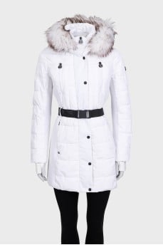 White fitted down jacket with a hood