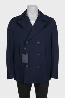 Men's blue double-breasted coat with tag
