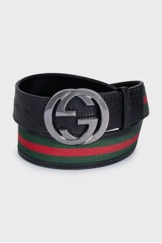 Black leather and fabric belt with a print