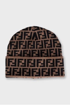 Brown wool hat with signature print