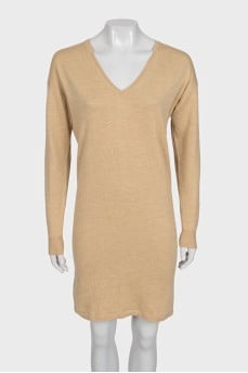 Beige wool dress with a V-neck
