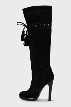 Vintage black suede boots with decorative laces