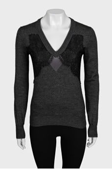 Dark blue pullover decorated with lace