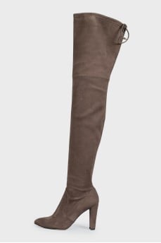 Brown suede over-the-knee boots with laces