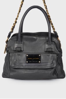 Leather bag with a brand's logo
