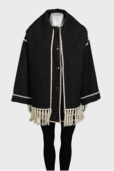 Straight-cut coat decorated with fringe