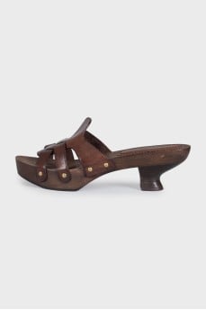 Brown leather mules with wooden soles