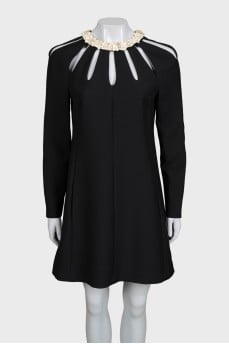 Wool and silk dress with leather trim