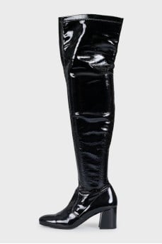 Black patent leather over-the-knee boots