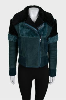 Green leather sheepskin coat with a slanted zipper