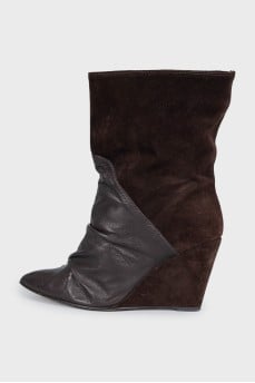 Brown suede and leather wedge boots