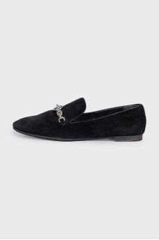 Black suede ballet flats with silver trim