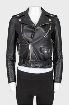 Leather asymmetrical zippered jacket